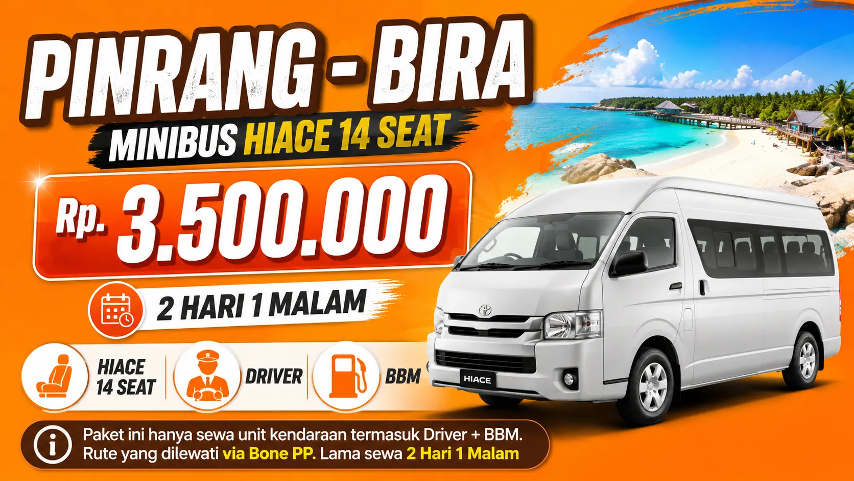 Pinrang → Bira — Hiace 14 Seat